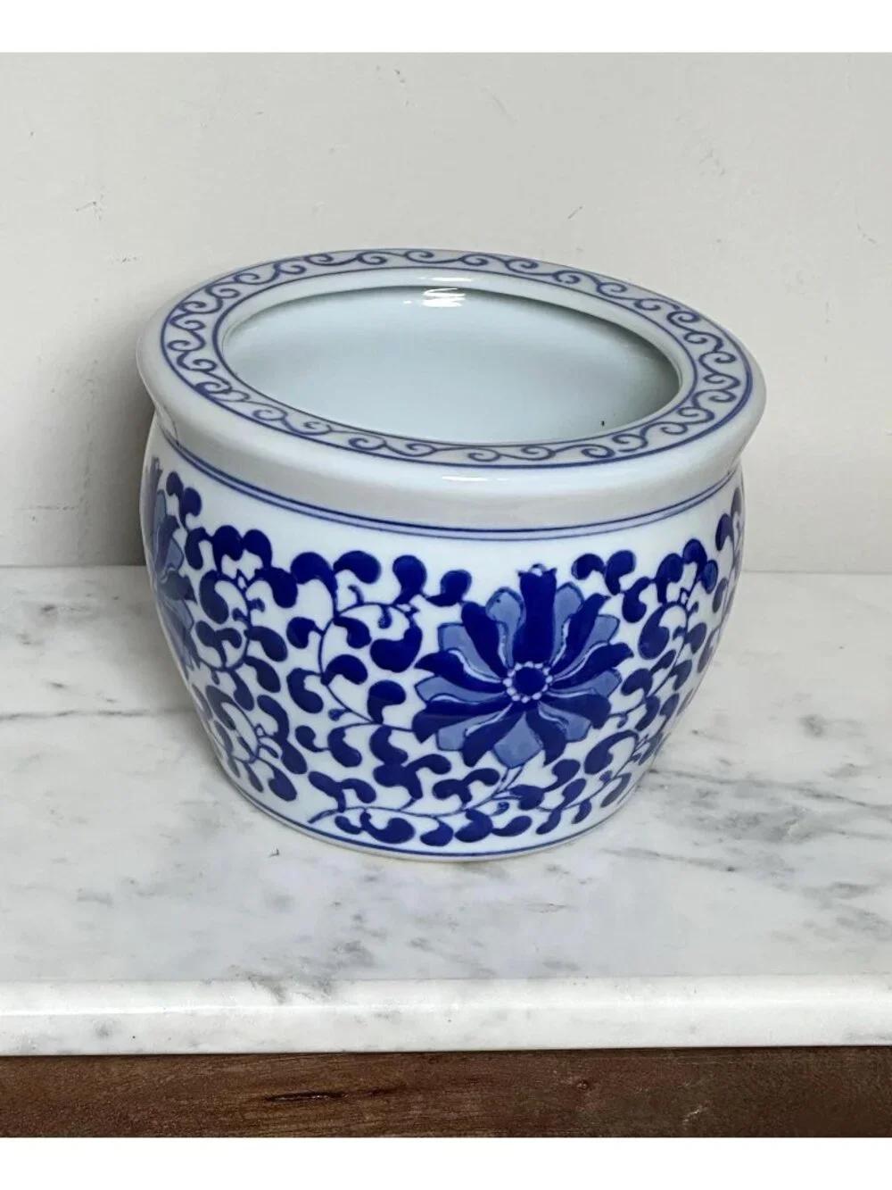 Vintage Chinoiserie Blue & White Hand Painted Floral Pot  Ceramic Cachepot Decor